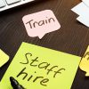 Staff hire, train, motivate and retain written on a memo sticks.