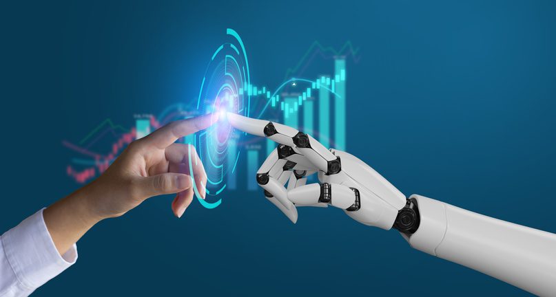 An illustration of a human hand and a robot hand touching through a circular data network connection.