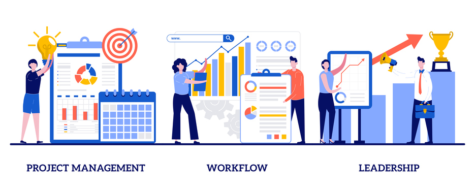 A illustration of a team of individuals working together on a project, utilizing charts and timelines to ensure seamless progress and achieve successful completion. There are three sections that include project management with a calendar and charts, workflow with additional charts, and leadership with more charts and a trophy.