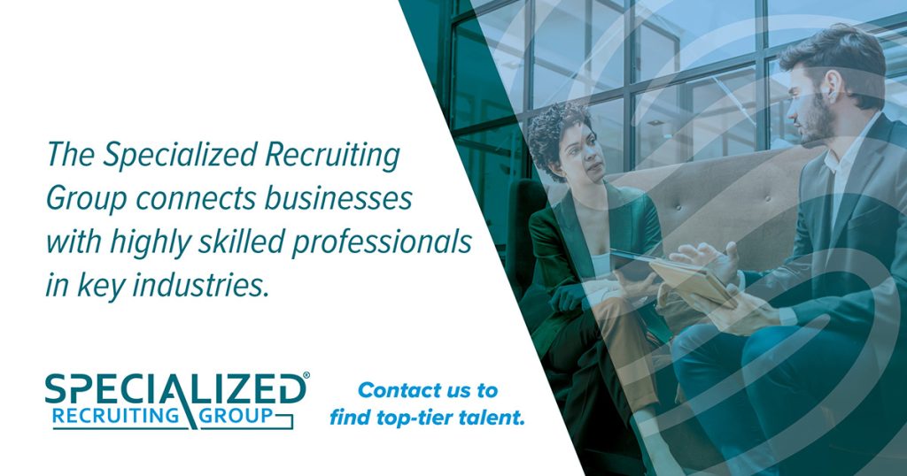 A promotional image featuring two professionals in a discussion, with text overlay detailing recruiting services by The Specialized Recruiting Group.
Text says The Specialized Recruiting Group connects businesses with highly skilled professionals in key industries. Specialized Recruiting Group. Contact us to find top-tier talent.