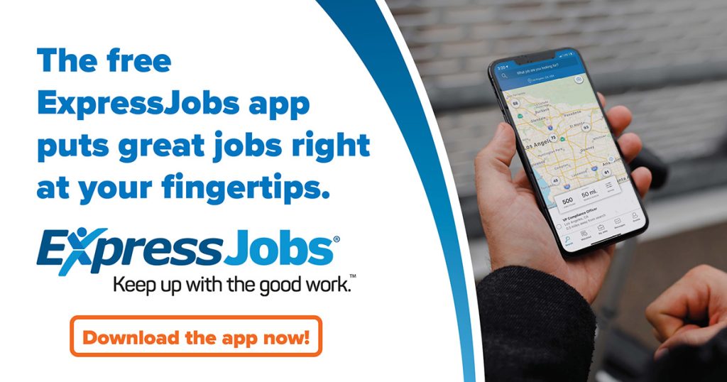 Graphic ad showing a person’s hand holding a smartphone running an employment app with a map of Los Angeles and a job listing for a VP Compliance Officer, alongside text promoting the ExpressJobs app facilitating fast talent acquisition for employers. Text in Image says The ExpressJobs app helps employers find top talent faster. Express Jobs, Keep up with the good work. Contact your local Express office to learn more!