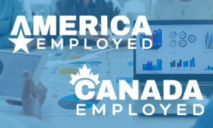 A business meeting with a tablet, documents, and a laptop showing charts. Transcribed text says: America Employed Canada Employed