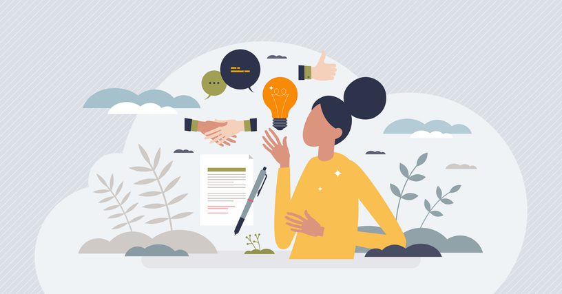Person with a lightbulb above their head, surrounded by abstract elements like speech bubbles, hands shaking, and a pen and paper.