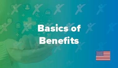Gradient background with "Basics of Benefits" text and an American flag.