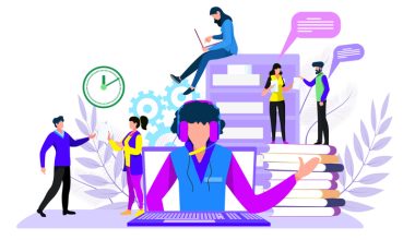 Illustration of people engaging in activities around a central figure using a computer, with books, servers, a clock, and gear icons in the background.