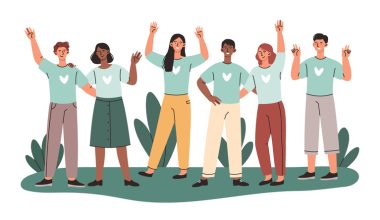 A diverse group of cartoon figures in teal shirts with white heart logos standing together in a friendly pose.