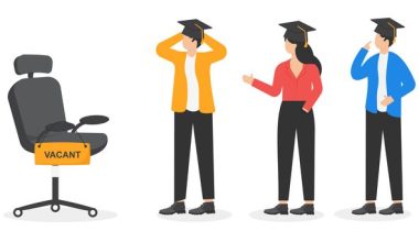Illustration of three graduates beside an office chair labeled "vacant."