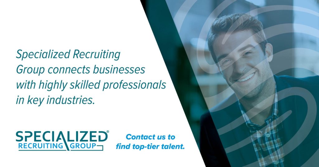 Recruitment ad with text about Specialized Recruiting Group and a smiling man in a blazer. Transcribed Text: Specialized Recruiting Group connects businesses with highly skilled professionals in key industries. Contact us to find top-tier talent.