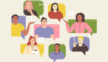 Illustration of eight diverse individuals in colorful chat bubbles, each with unique expressions and gestures.