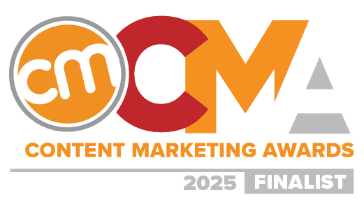 he image shows the logo for the Content Marketing Awards. It features the letters 'CMA' in large, bold font with 'cm' inside an orange circle, 'C' in red, and 'M' and 'A' in orange and gray respectively. Below it reads 'CONTENT MARKETING AWARDS 2025 FINALIST'