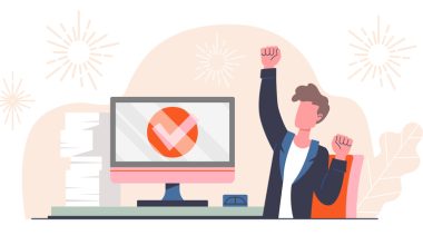 Person celebrating at a desk with arms raised, a computer screen showing a large checkmark, papers stacked nearby, and fireworks in the background.