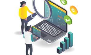 Two people analyzing charts and graphs on a large laptop screen using a magnifying glass, with icons for user, settings, and checkmark floating above.