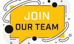 Yellow speech bubble with the text "Join our team" in bold white and black letters, surrounded by abstract black and white shapes on a white background.