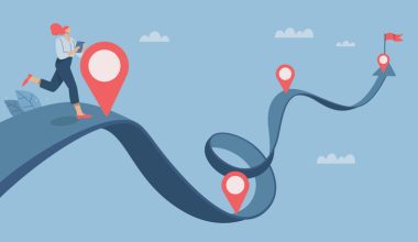 Person running along a winding path with multiple location markers, leading to a final flag, symbolizing progress toward a goal.