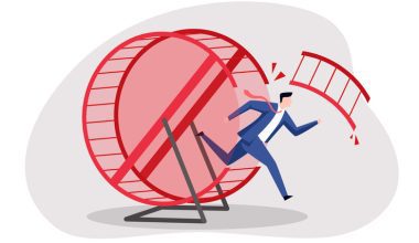 Illustration of a person in a business suit running on a large red hamster wheel that is breaking apart, with pieces flying off. The abstract gray and white background emphasizes the concept of burnout, overwork, and the unsustainable pace of infinite workdays. The image visually represents the struggle to maintain work-life balance and the urgency of setting boundaries in modern workplace culture.