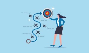 Business professional pointing to a bullseye target, illustrating strategic planning and goal achievement with a winding path and markers.