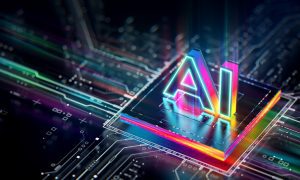 A colorful, glowing “AI” chip sits on top of a digital circuit board, representing advanced artificial intelligence technology.