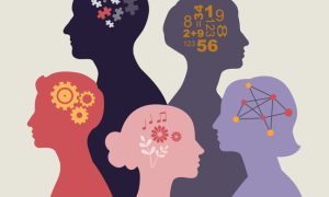 Illustration of five overlapping human head silhouettes in different colors, each facing sideways, with symbolic icons inside the heads including puzzle pieces, gears, musical notes and flowers, numbers and equations, and connected nodes, representing diverse ways of thinking.