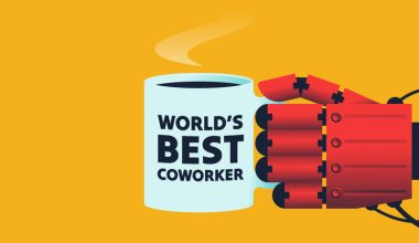 Robotic AI hand holding a “world’s best coworker” mug, representing generative AI as a supportive workplace partner that enhances human productivity rather than replacing workers, shown in a modern vector illustration.