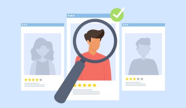 Illustration showing three profile cards with illustrated adults; the center card features a male-presenting person wearing a coral shirt, highlighted by a magnifying glass and a green checkmark, while two faded profile cards with star ratings appear behind, suggesting candidate selection or hiring.