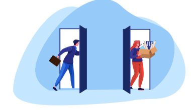 Illustration of a man in a blue sweater and pants holding a briefcase stepping through a door on the left, and a woman with red hair wearing a blue top and red pants carrying a box of rolled papers through a door on the right, set against a light blue abstract background.