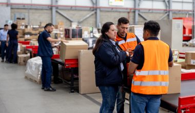 Photo: three adults (two men and one woman) wearing safety vests—two in orange high-visibility vests and one in a dark jacket—standing and talking in a warehouse near a conveyor with boxes; other workers sort packages in the background.