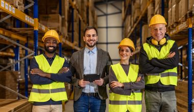 Warehouse team collaborating in a calm, organized workspace, illustrating balanced workloads, supportive leadership, and efficient supply chain operations designed to reduce burnout and improve performance incentives.
