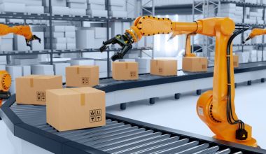 Industrial robotic arm lifting a cardboard box from a roller conveyor inside a modern automated warehouse, showcasing advanced robotics, automation technology, and AI driven logistics in a 3D rendered scene.